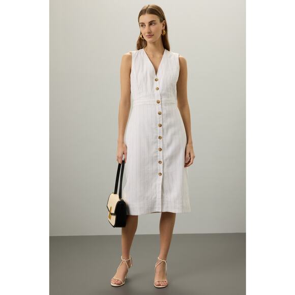 CLUB MONACO Off-White Pinstriped Linen Blend Front Button Pencil Dress Size 6 - Picture 2 of 13